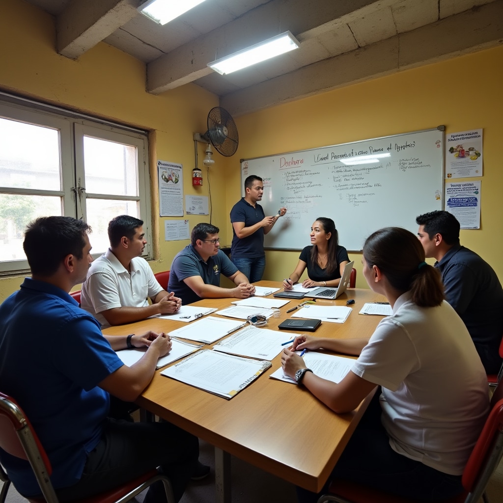 Cooperative meeting room in Paraguay with members discussing community business support and collaborative economic development