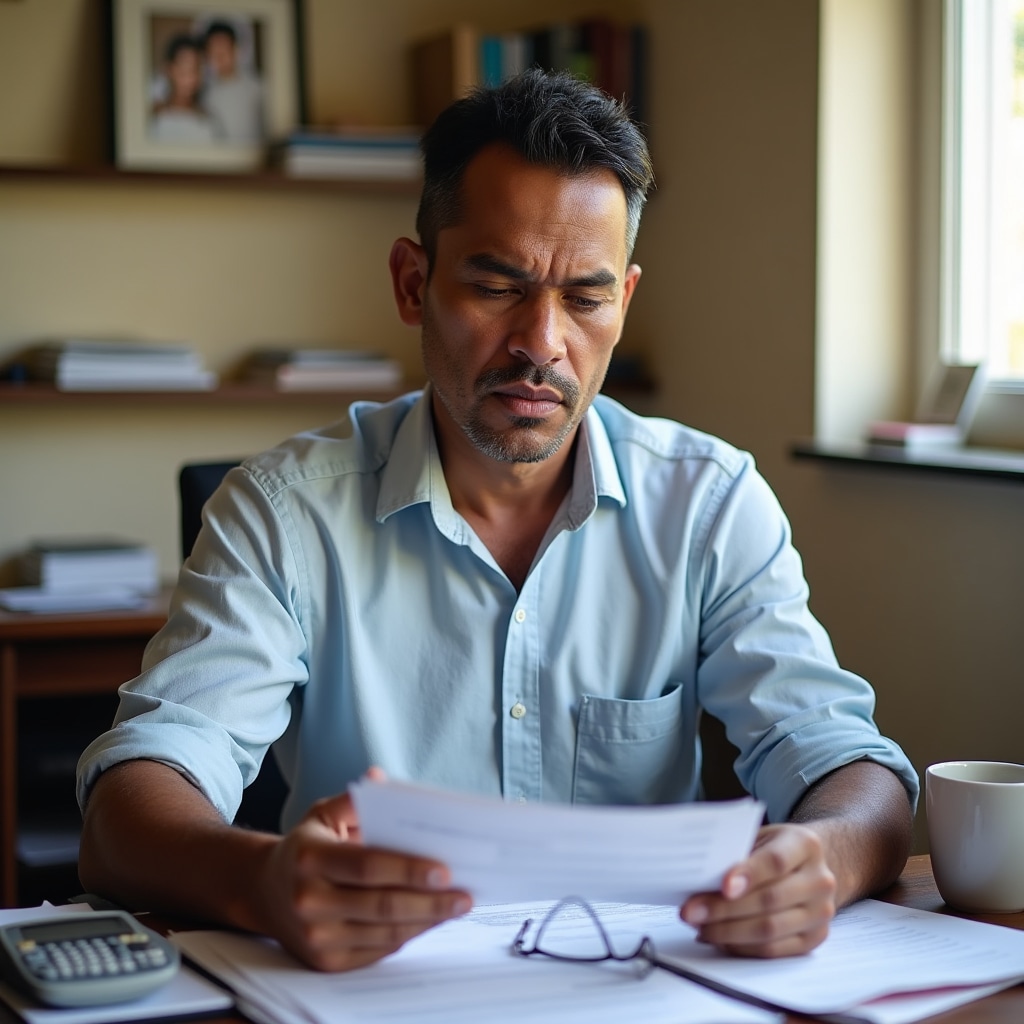 Paraguayan microentrepreneur carefully reviewing organized business documents at a home office desk