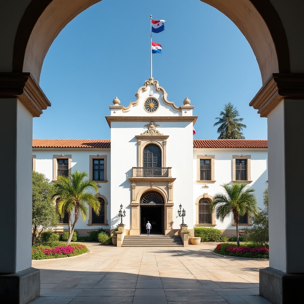 Government administrative building in Paraguay with official architecture representing national support programs