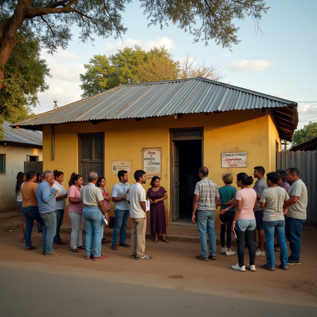 Local community center in Paraguay with people gathering for municipal programs and neighborhood support services