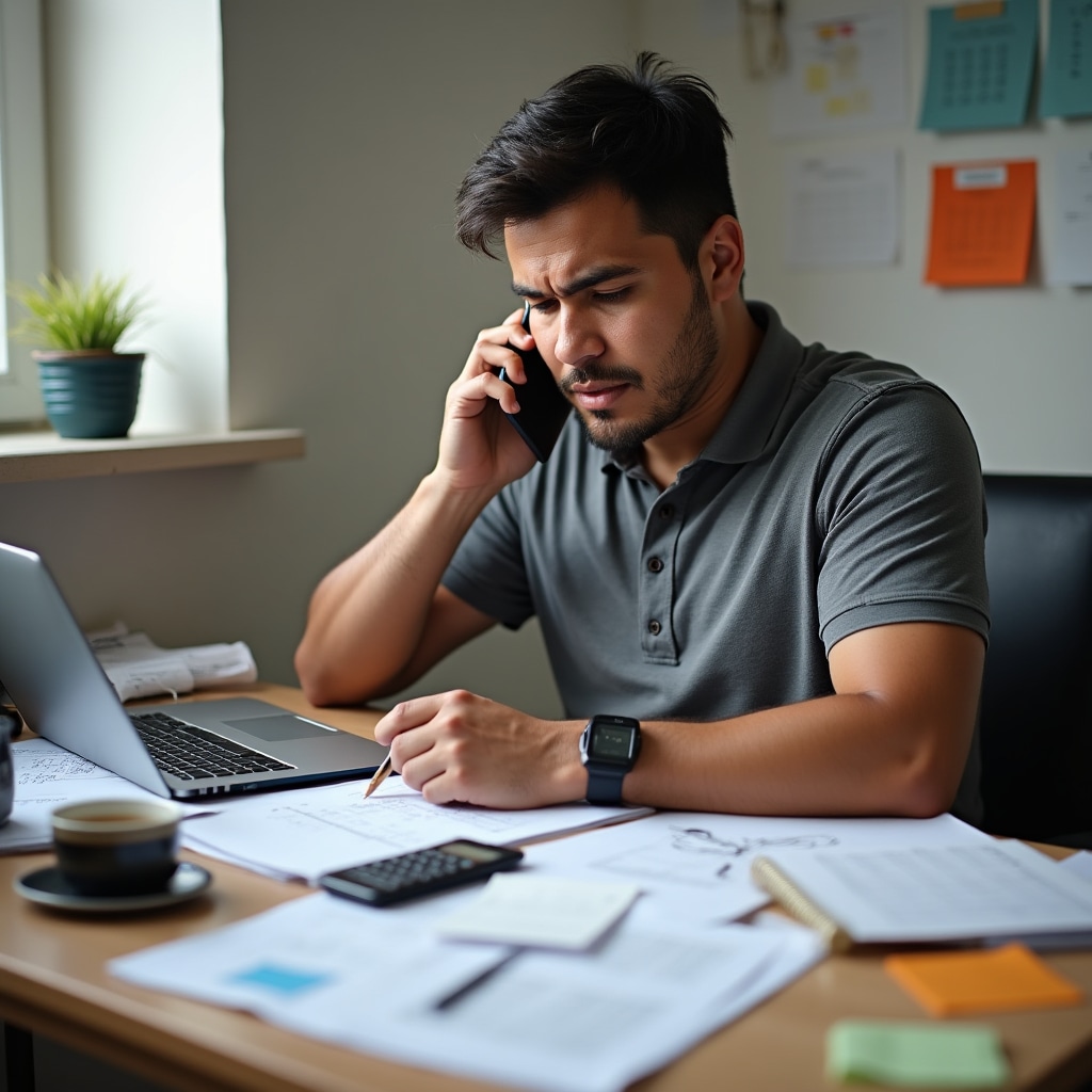 Busy microentrepreneur multitasking between phone calls, paperwork, and business operations at a small office desk
