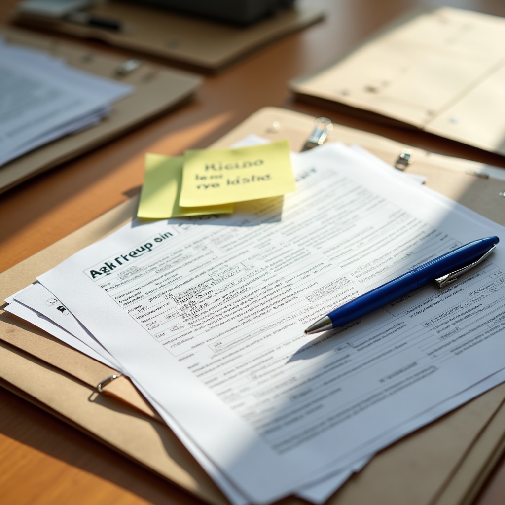 Neatly organized business documents and forms on a wooden desk with folders and paperwork