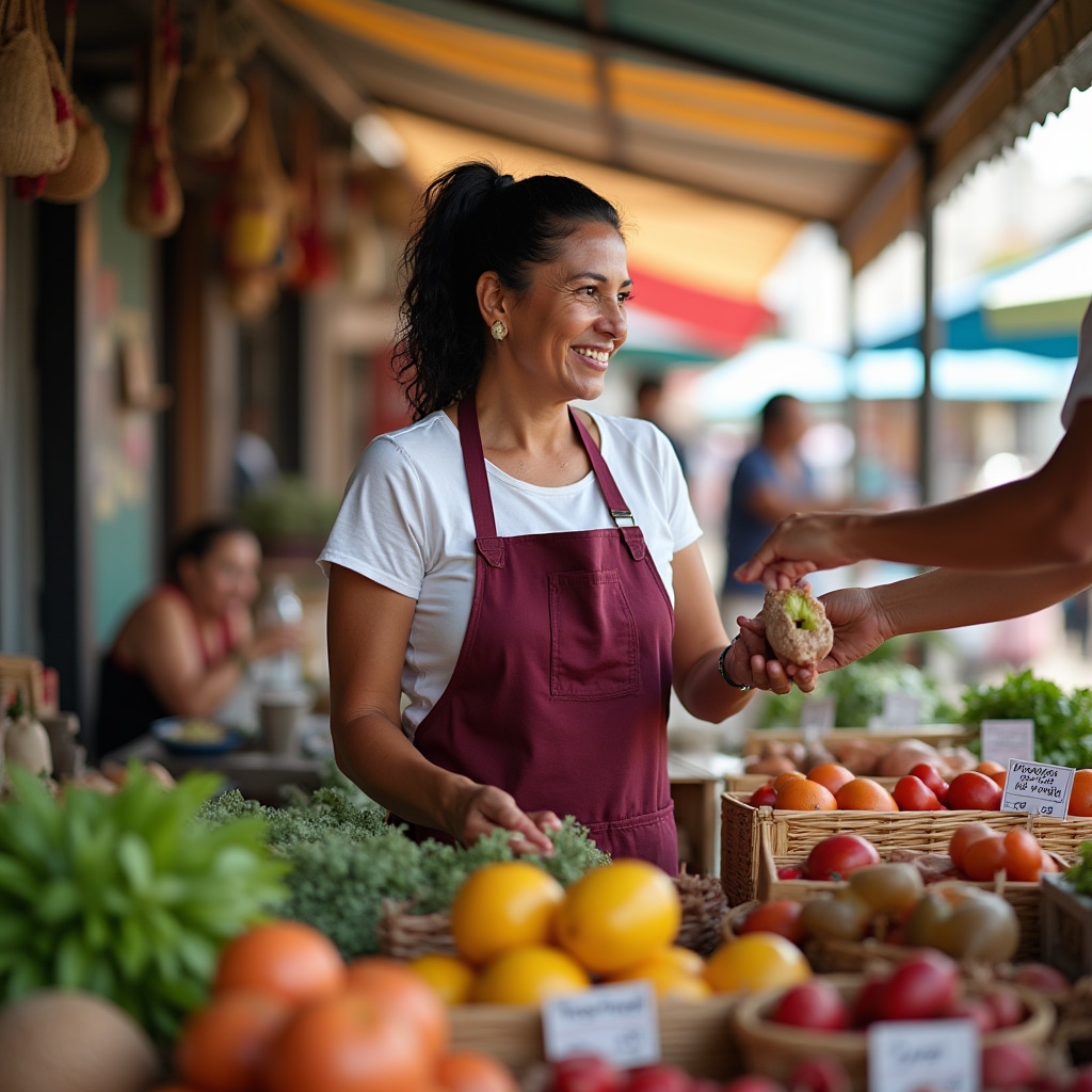 Paraguayan small business owner working at a market stall, arranging products and serving customers in a community setting